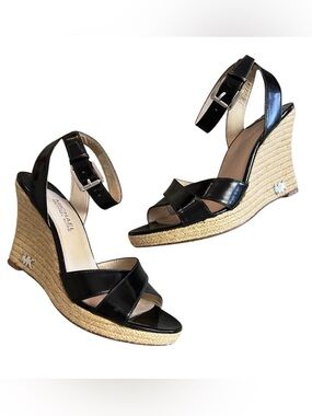 Michael Kors Kami Size 8.5 Black Leather Ankle Strap Wedge Espadrille Sandals